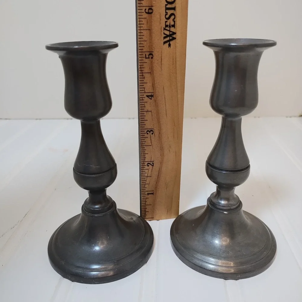 VTG Pair Weighted Pewter Taper Candlestick Holders 5